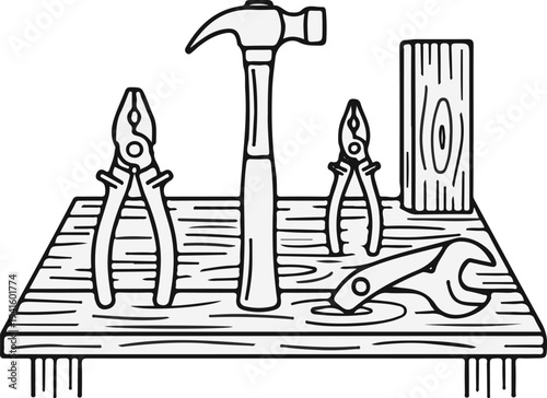 A collection of tools including pliers, a hammer, a wrench, and wood