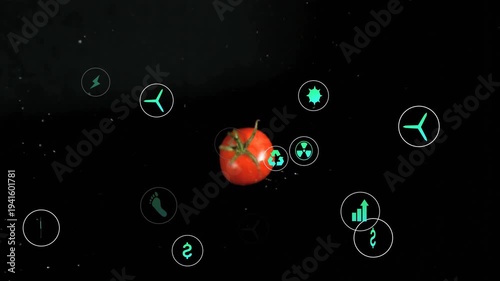 Tomato entering frame, neon-green icons appearing and orbiting, visualizing sustainability metrics