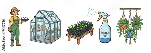 Gardener working with plants and various gardening tools and elements, including a greenhouse, trays of seedlings, and decorative hanging pots.