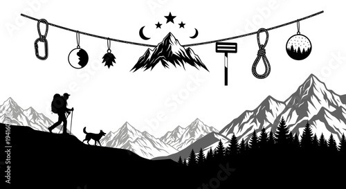 Hiker and dog on mountain trail with symbolic mountain range elements