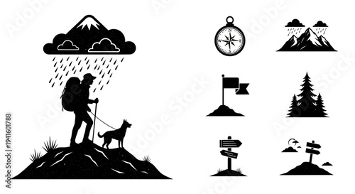 Hiker and dog on mountain with outdoor and navigation icons illustration