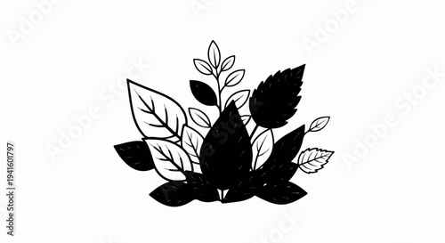 A collection of various leaf shapes and sizes, rendered in black and white