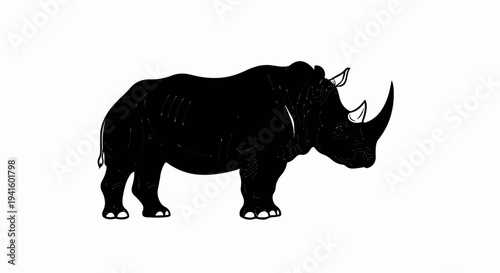 A simple black illustration of a rhinoceros with a long horn