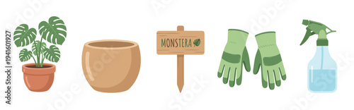 Gardening tools and plant care items collection, including a monstera plant, empty pot, gloves, sign, and spray bottle for home gardening.