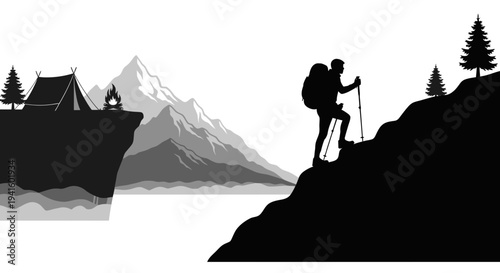 Hiker ascending mountain silhouette over landscape with tent and trees