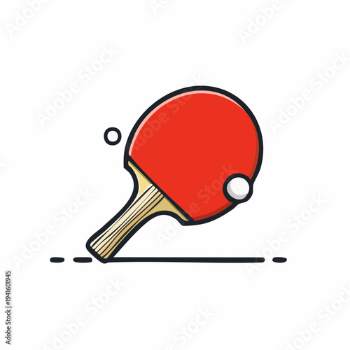 Red ping pong paddle with white ball and dashed line on white background