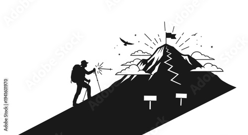 Hiker ascending mountain with flag bird clouds and signs black and white vector