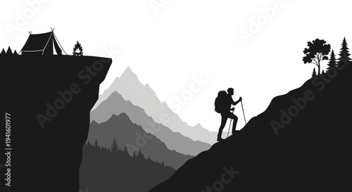 Hiker ascends mountain silhouette near camp and scenic landscape