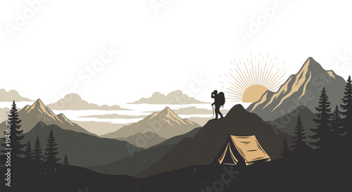 Hiker atop mountain overlooking vast landscape with sun and tent illustration