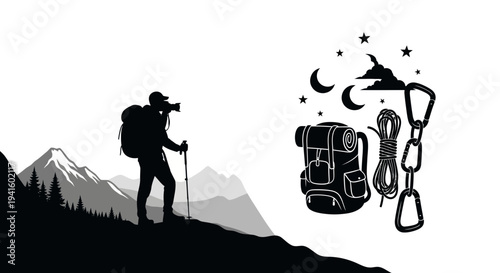Hiker climbing mountain silhouette with backpack and camping gear icon