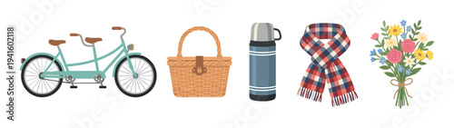 Charming collection of essential items for a delightful outdoor adventure, including a bicycle, picnic basket, thermos, scarf, and flowers.