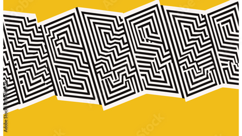 Set of 6 maze icons vector, black and white on yellow background