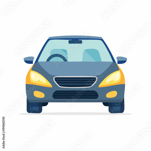 Modern compact sedan illustration with illuminated headlights, ideal for automotive and travel graphic designs