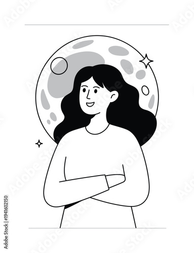 Woman with Wavy Hair and Moon Behind Her, Minimalist Line