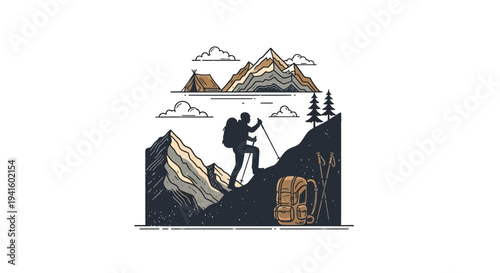 Hiker climbing mountain silhouette adventure outdoors illustration isolated design