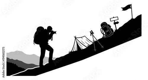 Hiker climbing mountain silhouette with gear and tent achieving goal