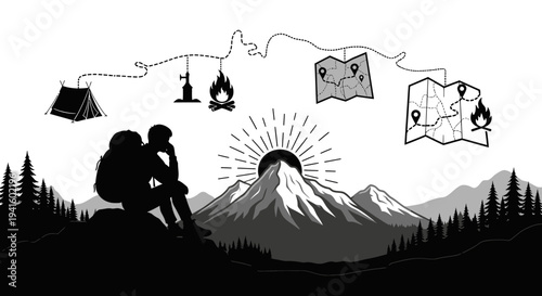 Hiker contemplating adventure with mountain landscape and journey illustrations