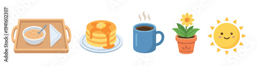 Breakfast and morning elements vector illustration featuring pancakes, coffee, cereal, a potted flower, and a smiling sun, perfect for a cheerful start to the day.