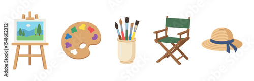 Art supplies, director's chair, and straw hat are neatly arranged, representing creativity, relaxation, and outdoor artistic pursuits.