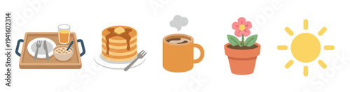 Morning routine elements including breakfast, coffee, and a potted flower are depicted in a cheerful, minimalist flat design style illustration.