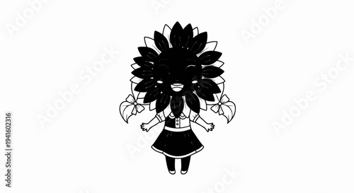 A cute, smiling cartoon sunflower character wearing a dress and ribbons