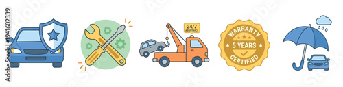 Car services icons illustrating comprehensive vehicle protection, maintenance, roadside assistance, and extended warranty options.