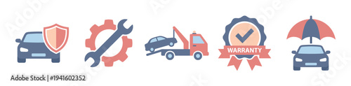 Car service icons illustrate essential automotive support including insurance, maintenance, roadside assistance, and comprehensive warranty coverage.