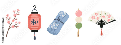 Traditional Japanese cultural symbols are beautifully arranged, including a cherry blossom branch, lantern, dango, fan, and rolled fabric, in a charming flat design illustration.