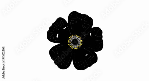 A dark, stylized flower with a vibrant yellow center