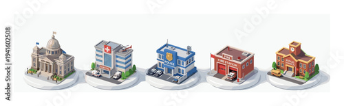 Public service buildings isometric illustration set representing essential community infrastructure, including city hall, hospital, police station, fire station, and school, vital for urban life.