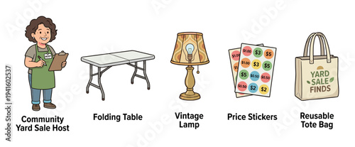 Collection of essential items for a successful community yard sale, including a host, folding table, vintage lamp, price stickers, and a reusable tote bag.