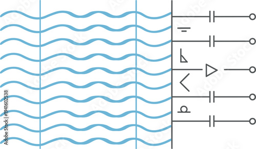 Water Wave Pattern and Audio Mixer Control Icon Set Featuring Sound Equalizer Sliders and Flowing Wave Lines for UI Design