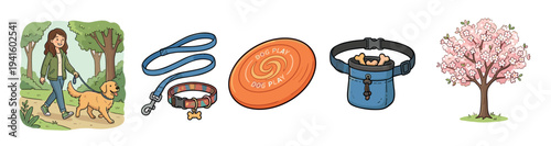 Collection of dog walking and play essentials featuring a woman walking a golden retriever, a leash, collar, frisbee, treat pouch, and a vibrant cherry blossom tree.