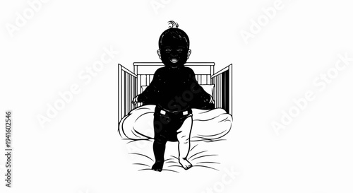 A dark, stylized illustration of a baby in a crib, facing forward