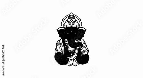 A dark, stylized illustration of a seated elephant-headed deity