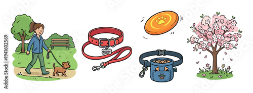 Dog walking accessories, park elements, and pet care items are illustrated in a charming cartoon style, perfect for various design projects.