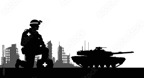 Silhouette of medic with tank and destroyed city background, war and medical aid concept