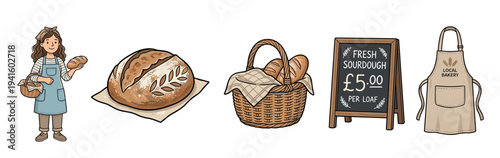 Set of hand-drawn bakery illustrations featuring a female baker, rustic sourdough bread, a wicker basket, a chalkboard price sign, and a branded apron for a local shop