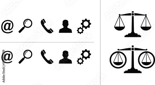 Contact Communication and Justice Scale Icon Set Featuring Email, Phone, User, Settings, and Legal 
