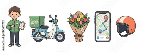 Flower delivery service icon collection featuring a courier, scooter, tulip bouquet, GPS navigation on a smartphone, and a helmet, all in a charming hand-drawn cartoon style