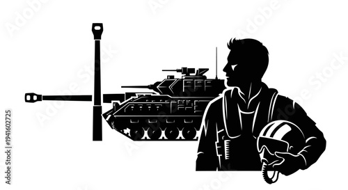Silhouette of Pilot and Tank, Military Power Concept