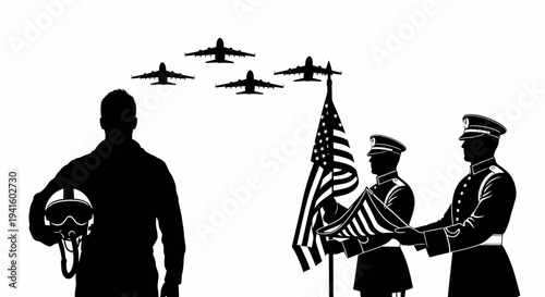 Silhouette of pilot looking at formation of fighter jets, honoring veterans with flag