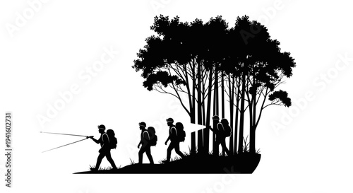 Silhouette of hikers with backpacks walking in forest, exploring nature, adventure, outdoor activity