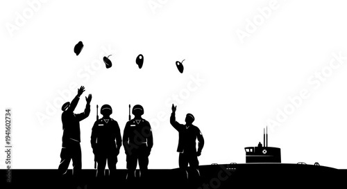 Silhouette of sailors throwing objects near a submarine, clear sky
