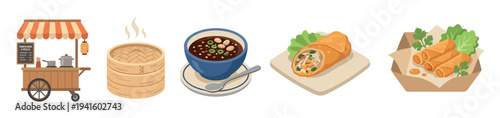 Set of Asian street food illustrations including a food cart, bamboo steamer, soup bowl, and spring rolls in a flat cartoon vector style for a food menu or festival concept