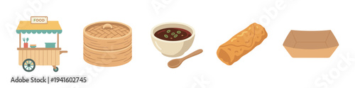 Set of Asian street food illustrations featuring a vendor cart, bamboo steamer, fried spring roll, dipping sauce, and a paper tray in a simple flat cartoon style