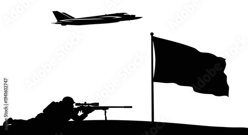 Silhouette of sniper aiming at jet plane with flag in foreground, military concept