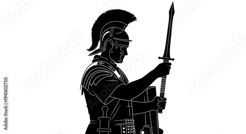 Silhouette of Roman Soldier with Sword and Helmet, Ancient Warrior Illustration