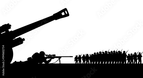Silhouette of Sniper and Artillery Gun Facing Advancing Soldier Army