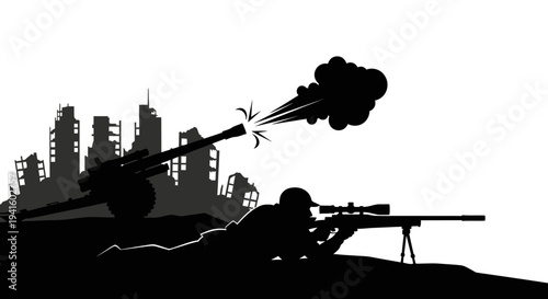 Silhouette of Sniper and Artillery Gun Firing in Destroyed Cityscape